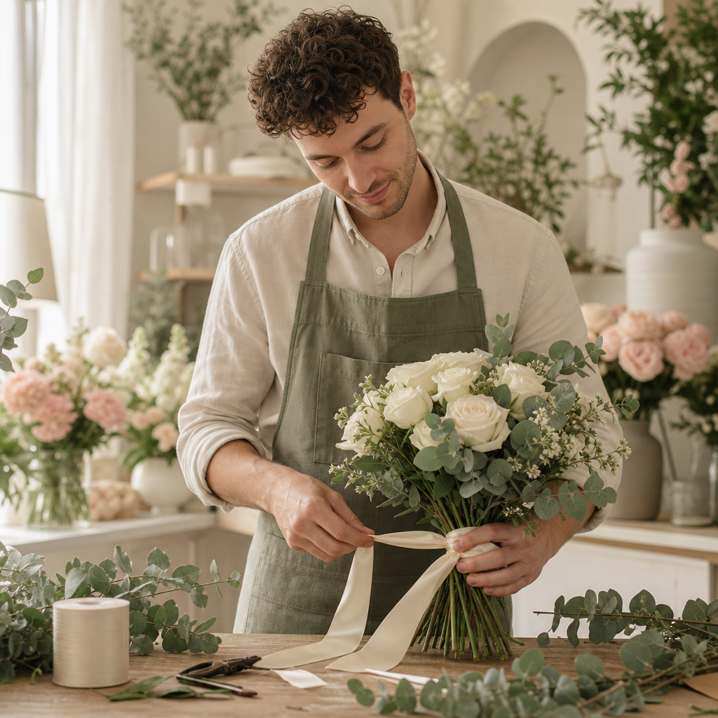 Mason, a floral designer with short curly hair, tying ivory ribbon around a bouquet of white roses and eucalyptus