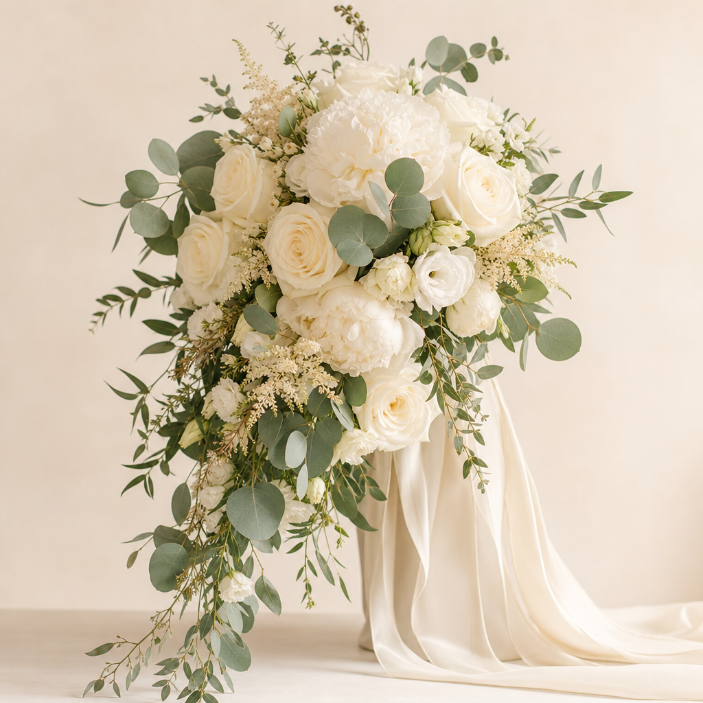 Elegant wedding bouquet of ivory roses, white peonies, and eucalyptus arranged in a cascading shape