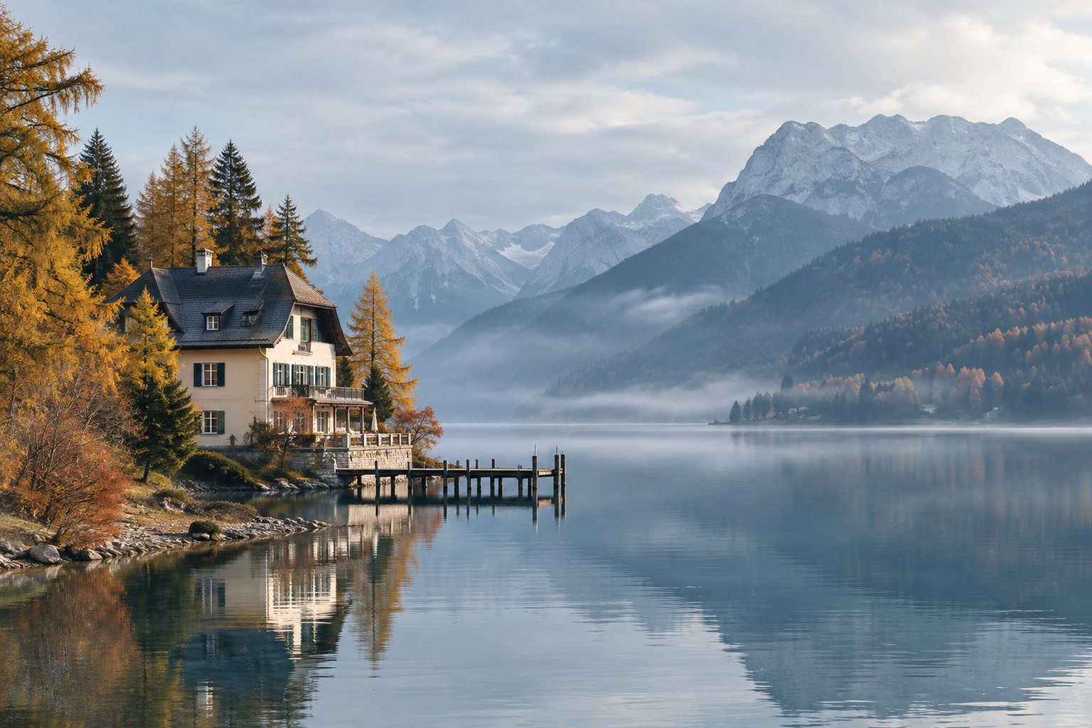 An elegant lakeside lodge beside a misty Austrian lake framed by autumn larches