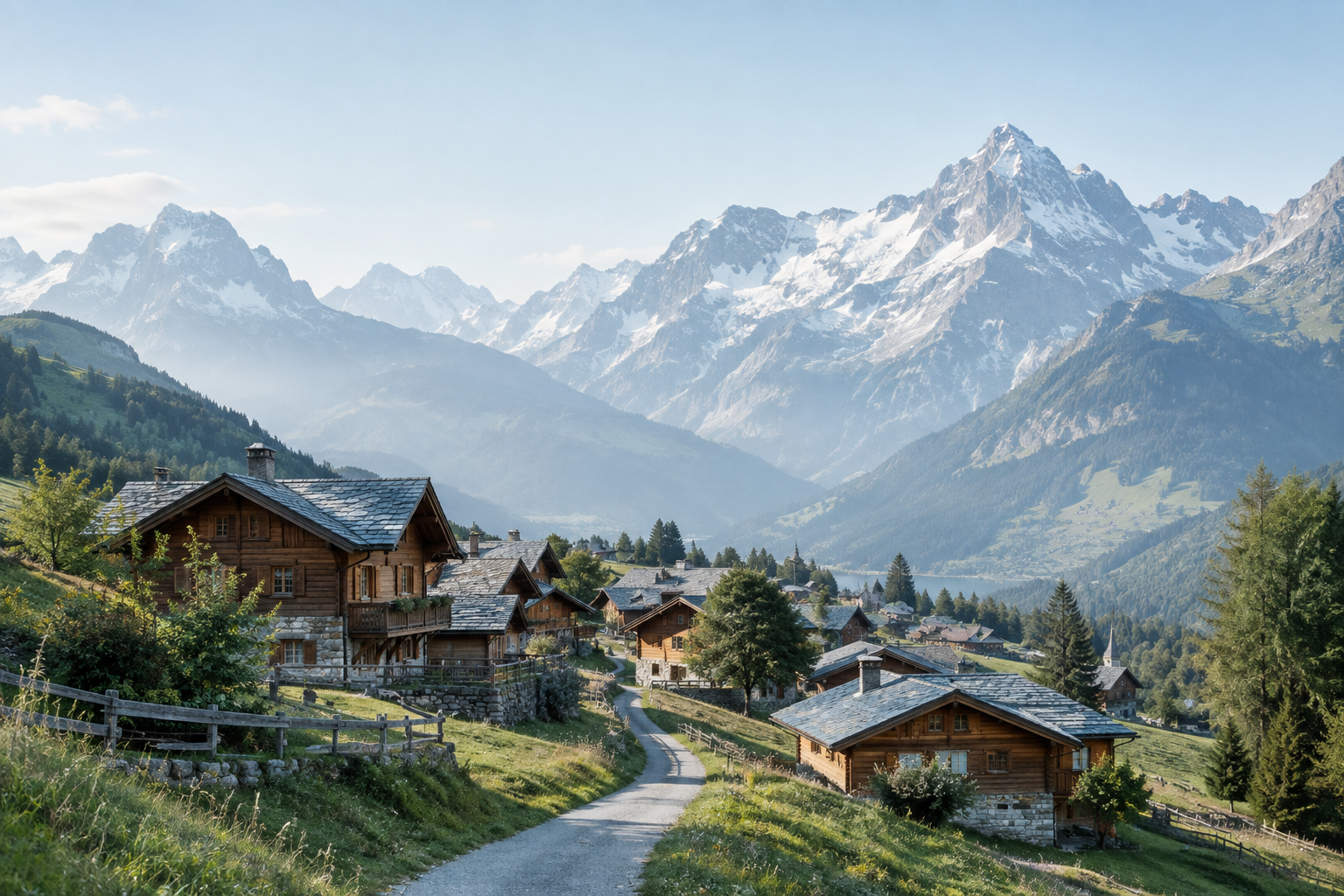 Timber chalets and alpine meadows beneath pale, snow-capped mountain peaks