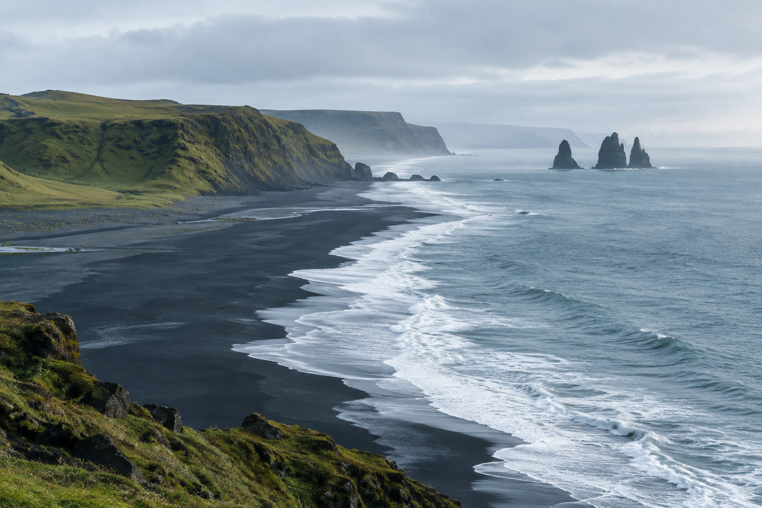 Black sand coastline and green headlands along Iceland’s South Coast