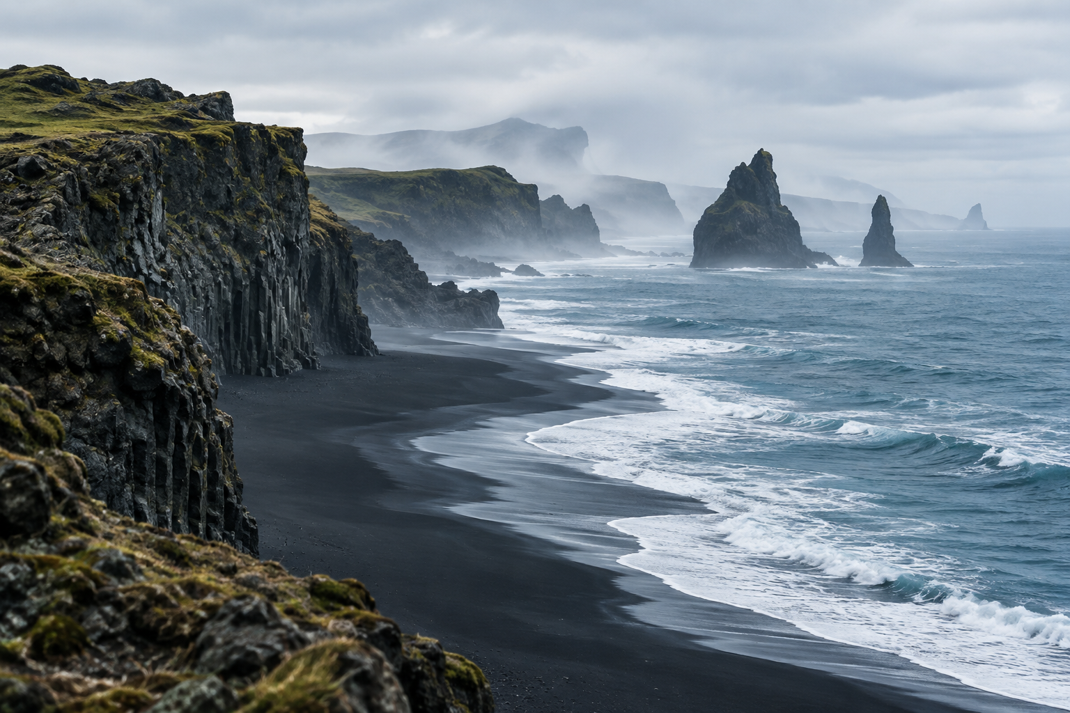 Black volcanic cliffs and a sweeping black-sand coast beneath Icelandic mist