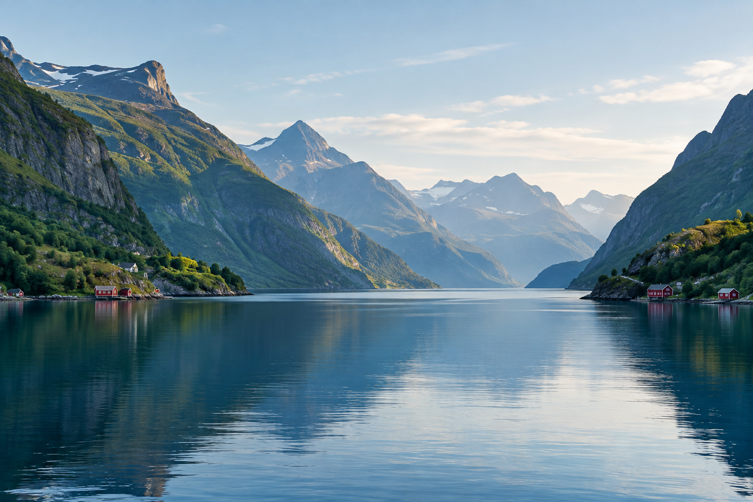 Still blue fjord water framed by steep green Norwegian mountains in soft summer light