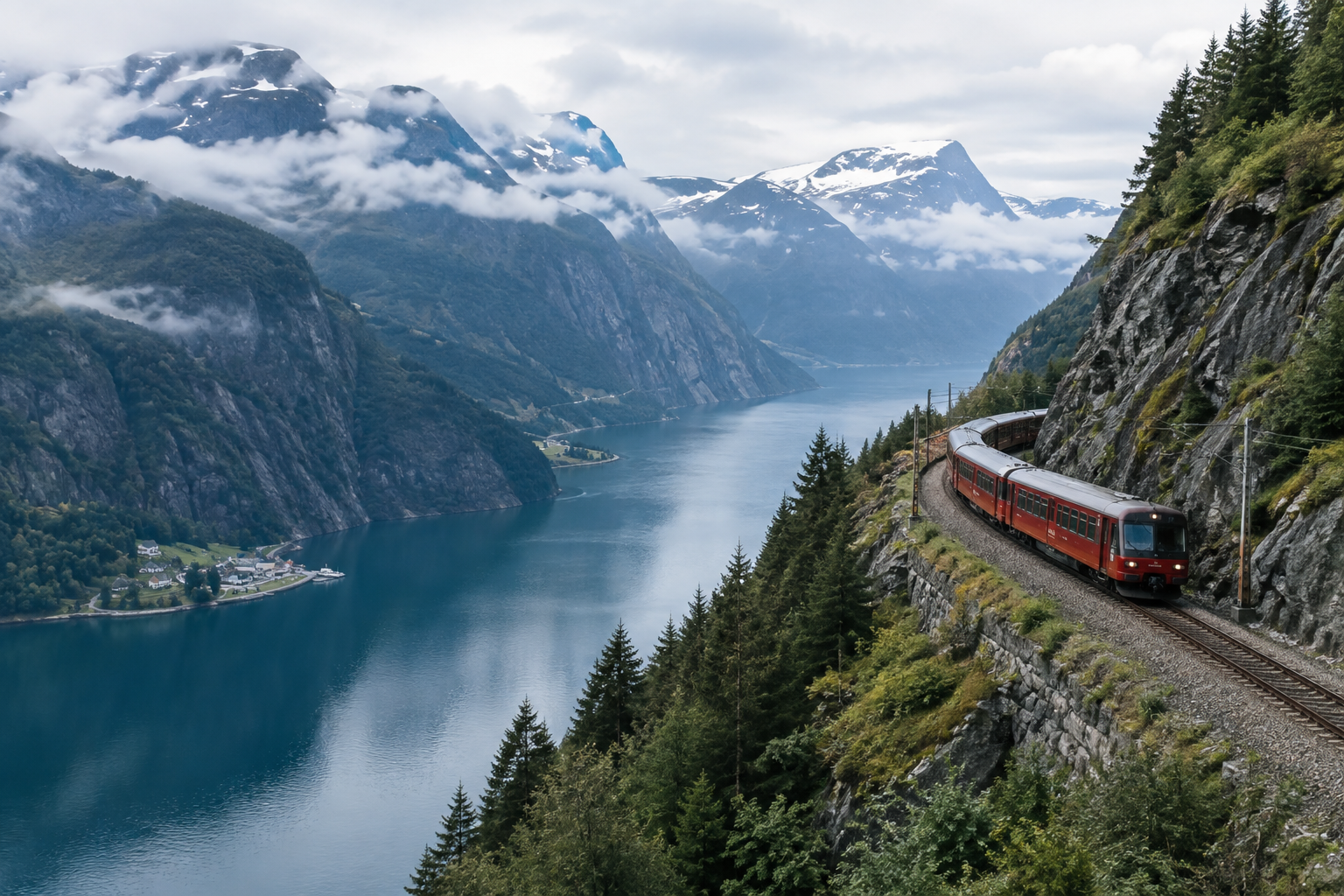 A red Norwegian train winding above a still fjord beneath steep mountains