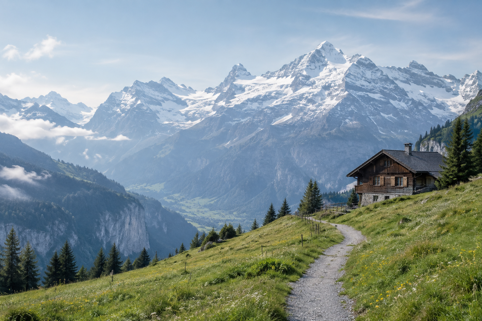 Snow-capped Swiss Alpine peaks above a meadow trail and timber chalet