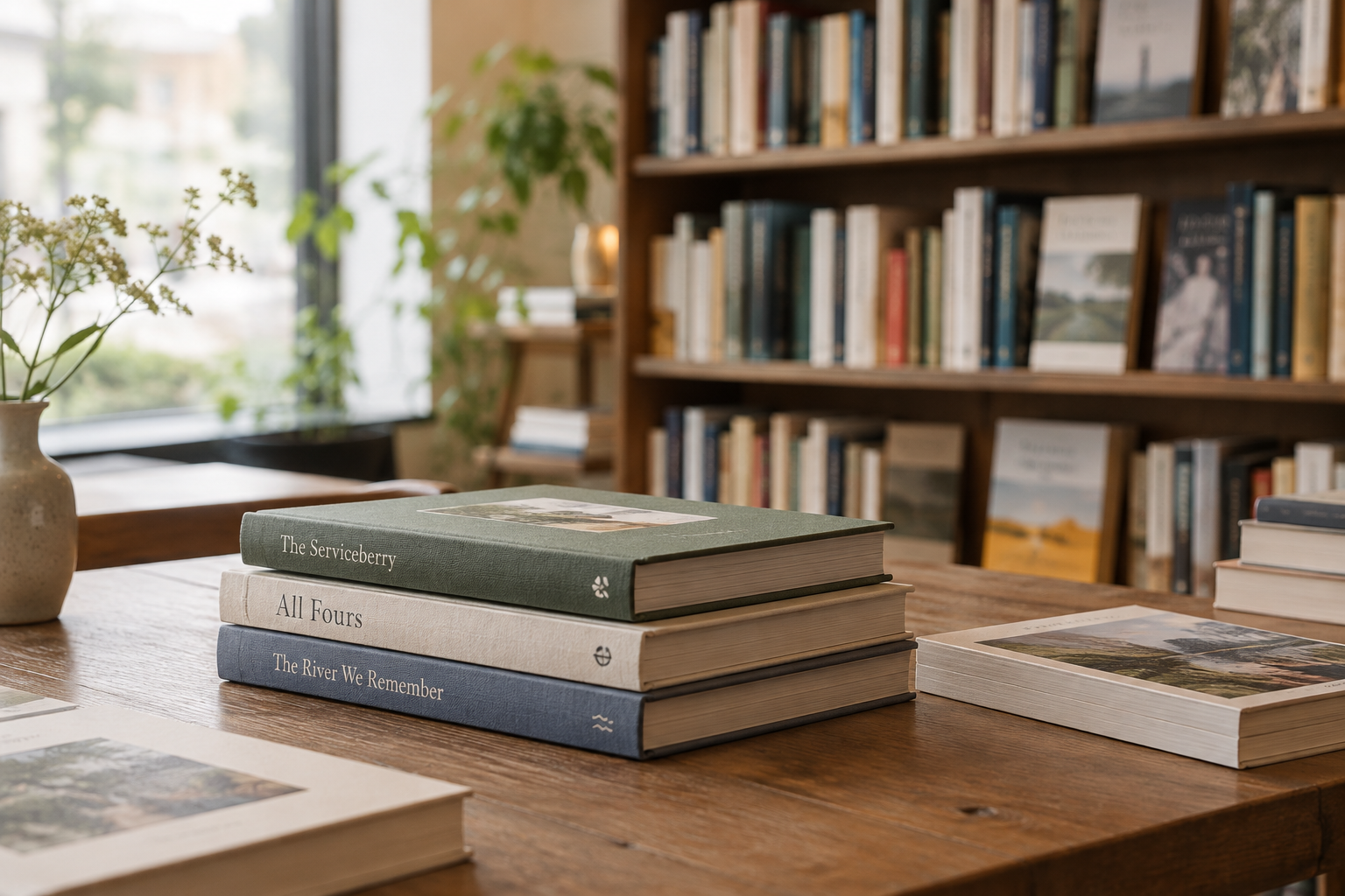 Close-up of curated books stacked on a wooden reading table beside softly lit shelves