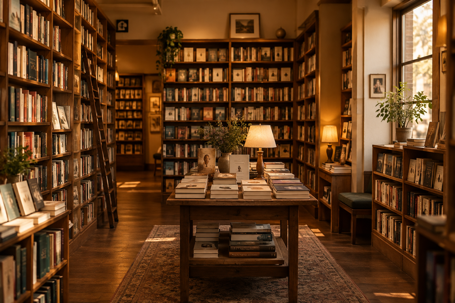 Warmly lit independent bookshop interior with curated shelves and reading tables