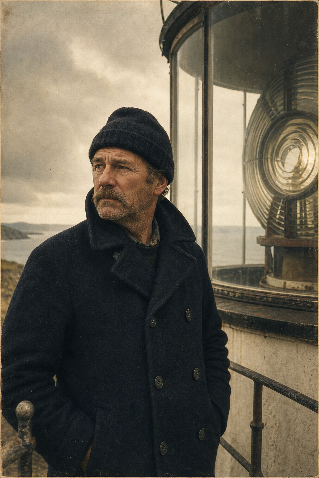 Archival portrait of a middle-aged lighthouse keeper in a heavy wool coat, standing beside a lantern room railing