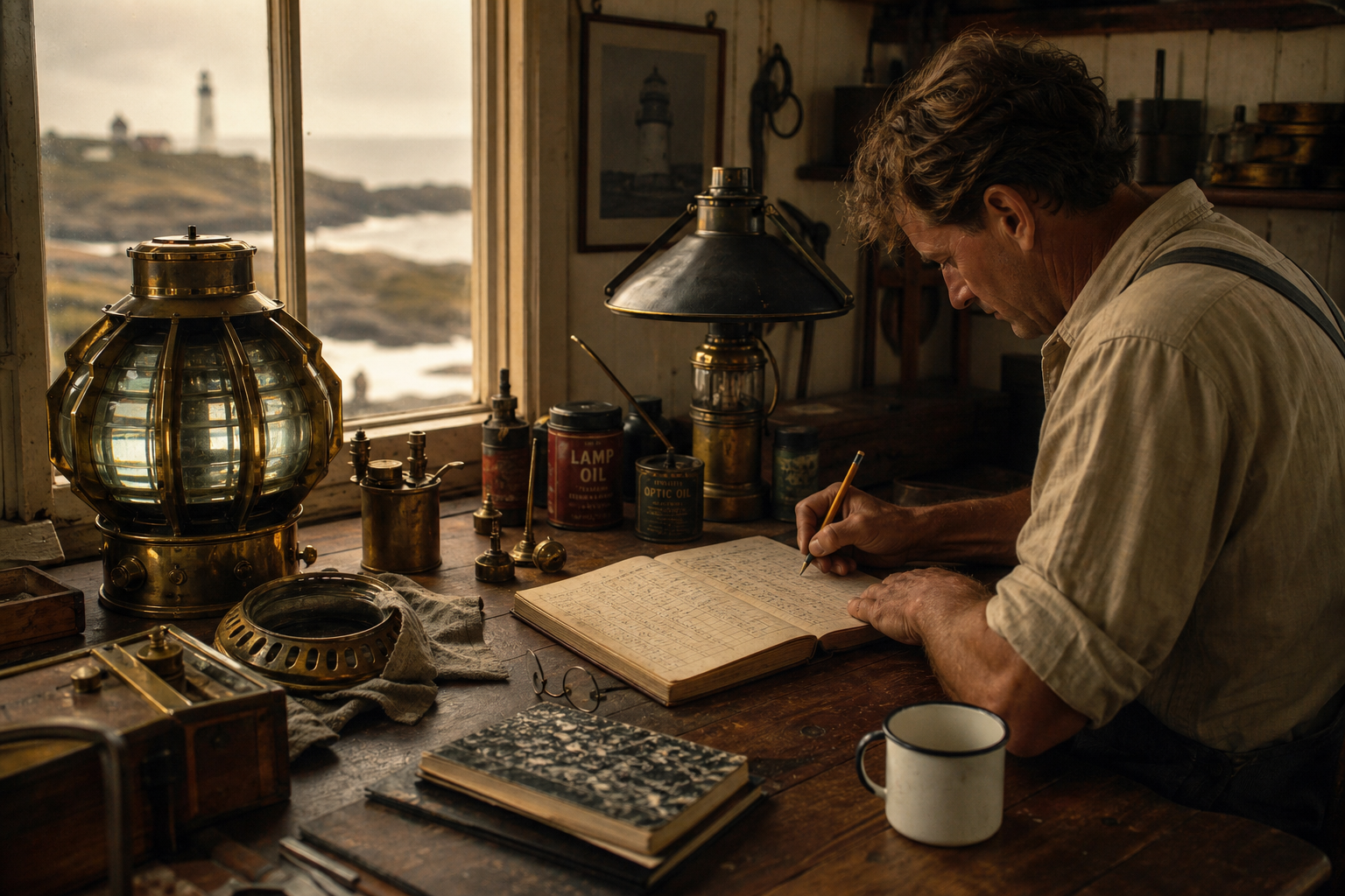 Interior work scene inside a lighthouse service room with brass lamp parts, oil tins, and a keeper writing at a wooden desk
