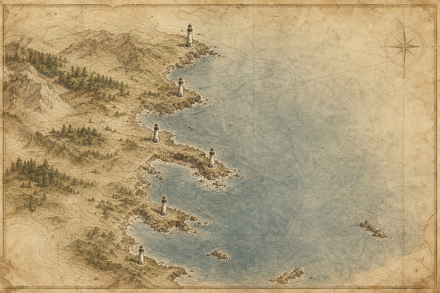 Parchment-toned illustrated northern coastline map with five preserved lighthouse markers