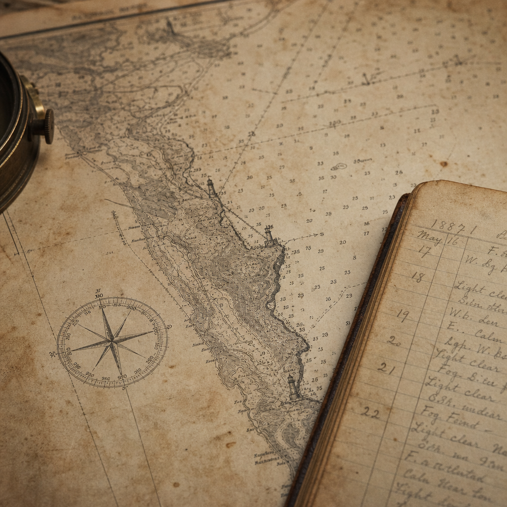 Close-up of a weathered maritime chart and handwritten lighthouse logbook annotations