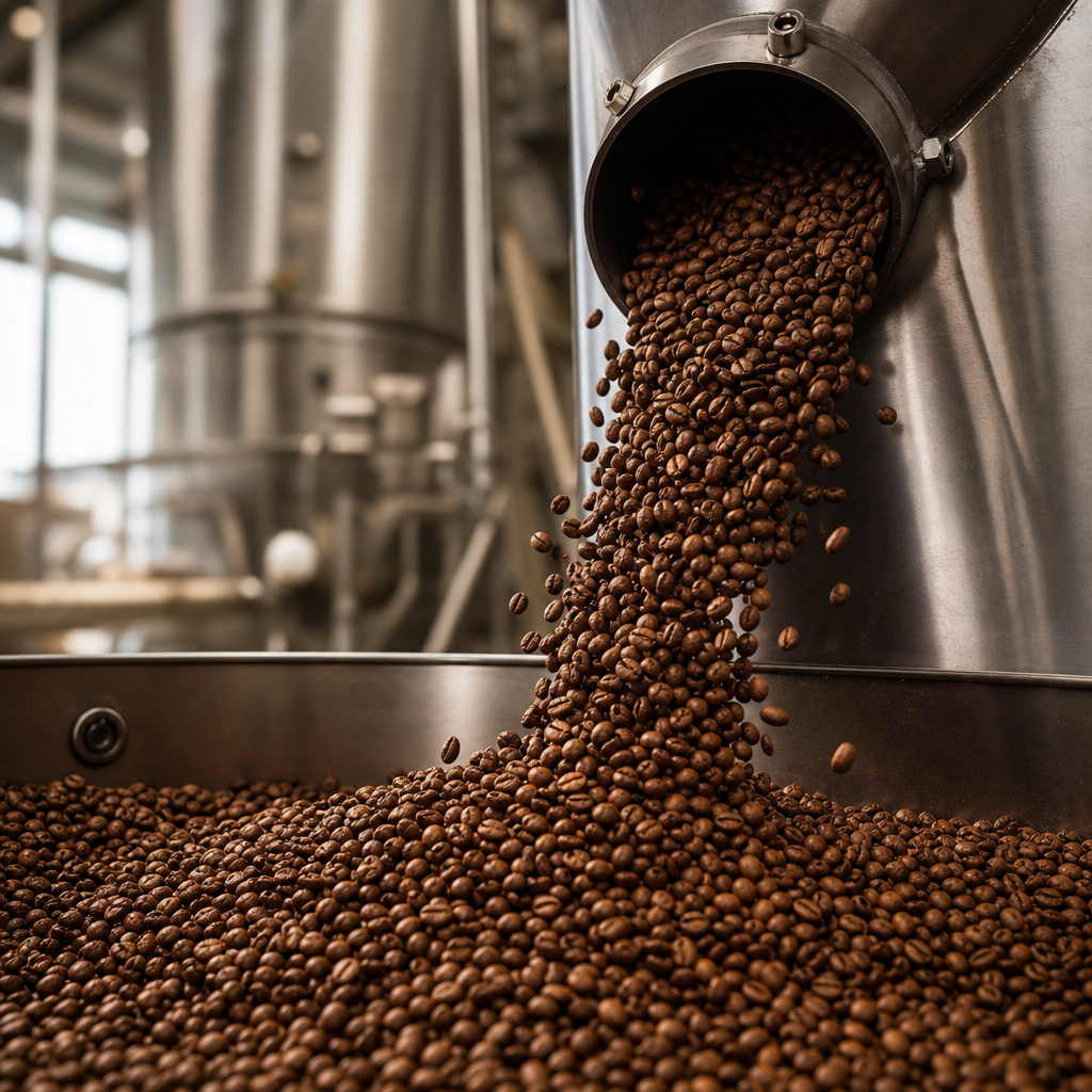 Clean industrial coffee bean processing line with stainless sorting equipment and workers monitoring quality checks