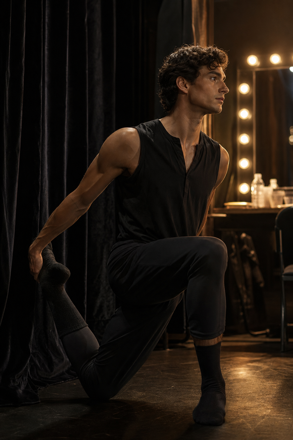 Backstage candid of Ethan stretching beside velvet curtains with soft mirror lights before performance