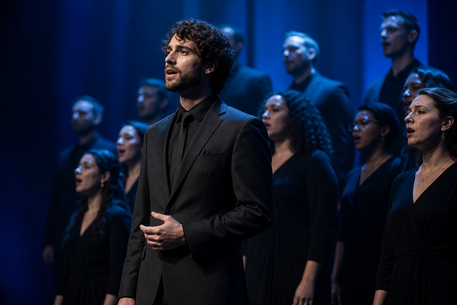 Choral stage moment featuring Ethan in a charcoal suit among singers under cool blue wash lighting