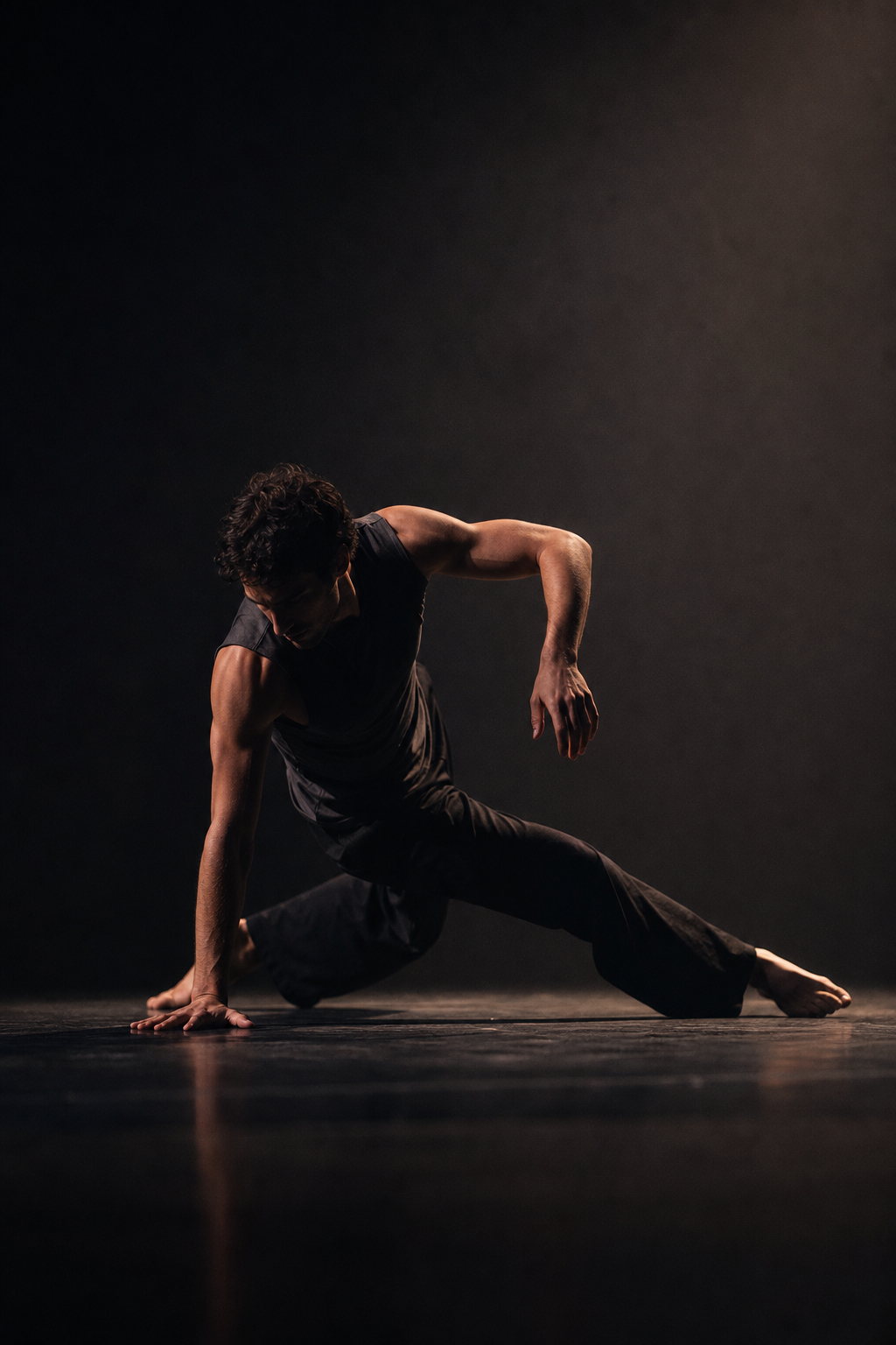 Contemporary dance still with Ethan grounded in expressive floorwork on a minimal stage