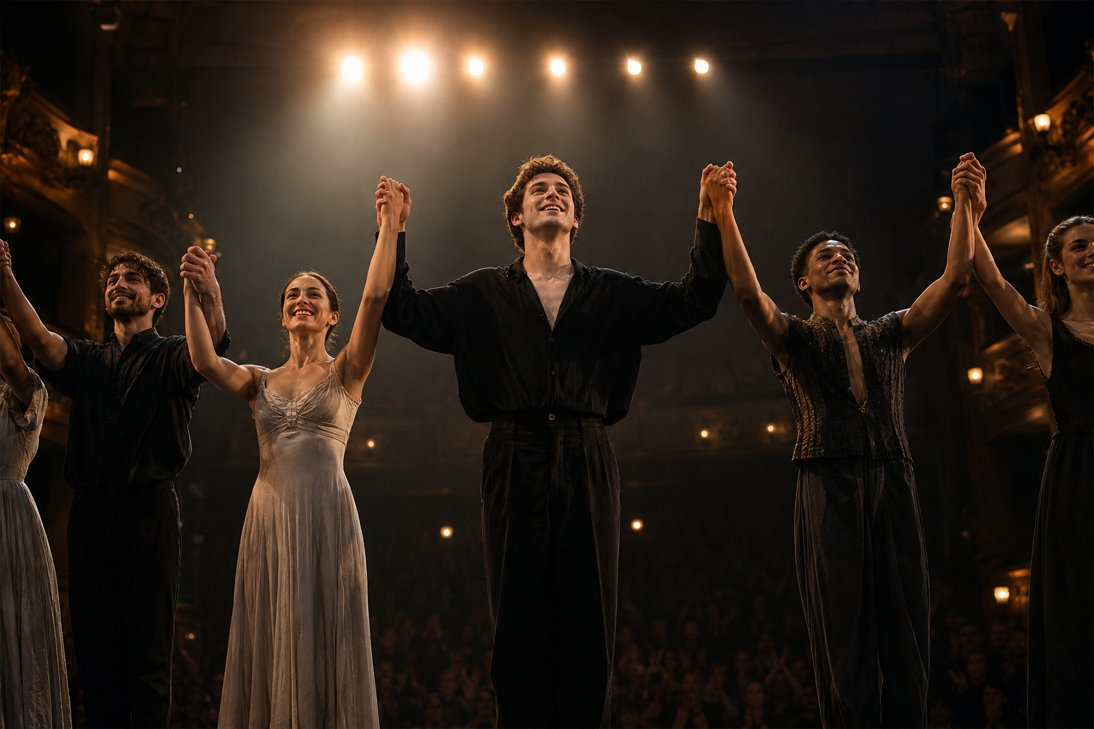Final curtain call frame with Ethan holding hands with cast under bright stage applause lights