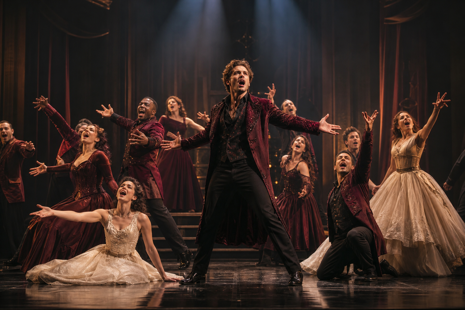 Wide stage scene with Ethan and a mixed ensemble in deep burgundy and ivory costumes during a dramatic crescendo