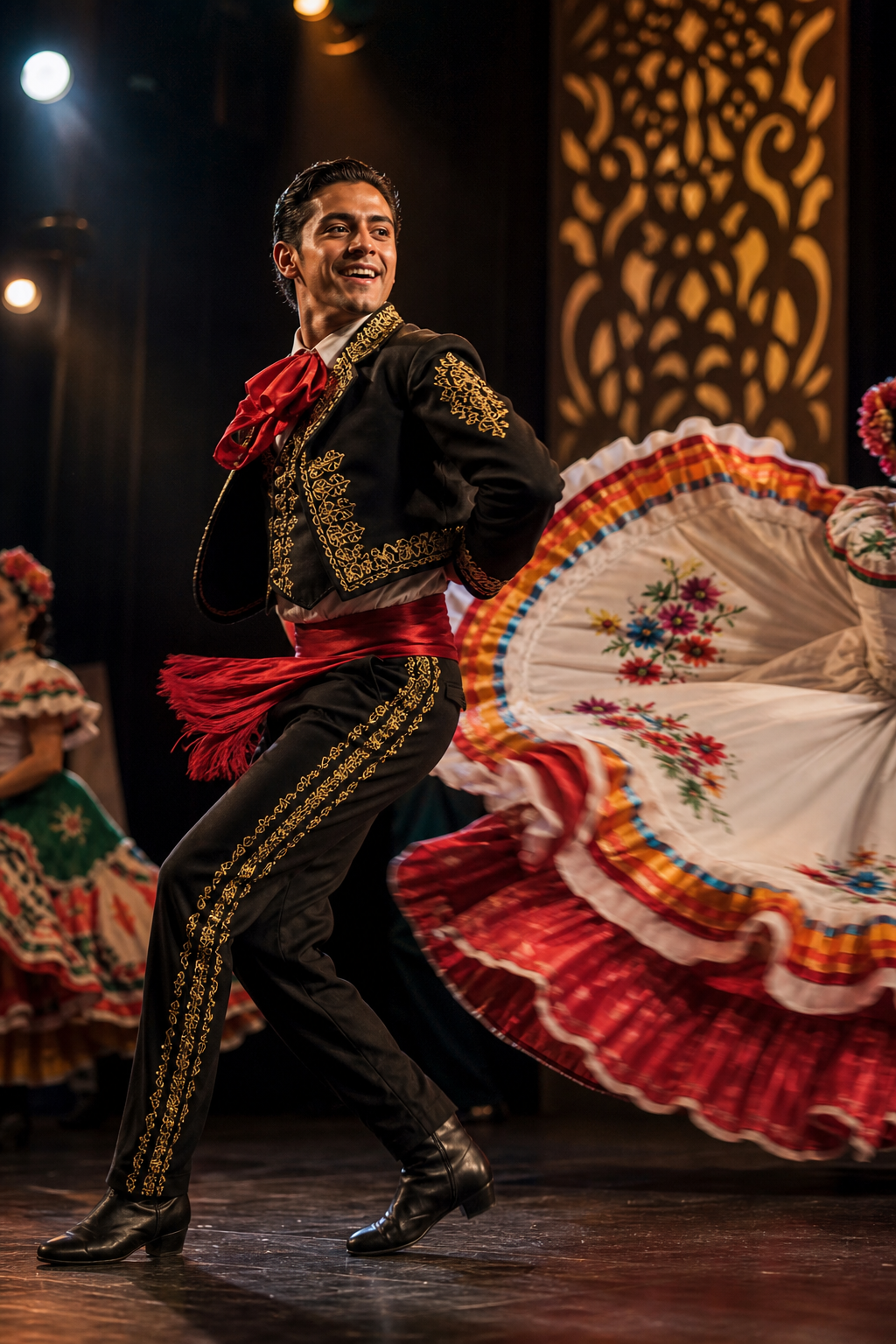 Dynamic folklorico performance frame with Ethan mid-turn and flowing embroidered skirt movement nearby