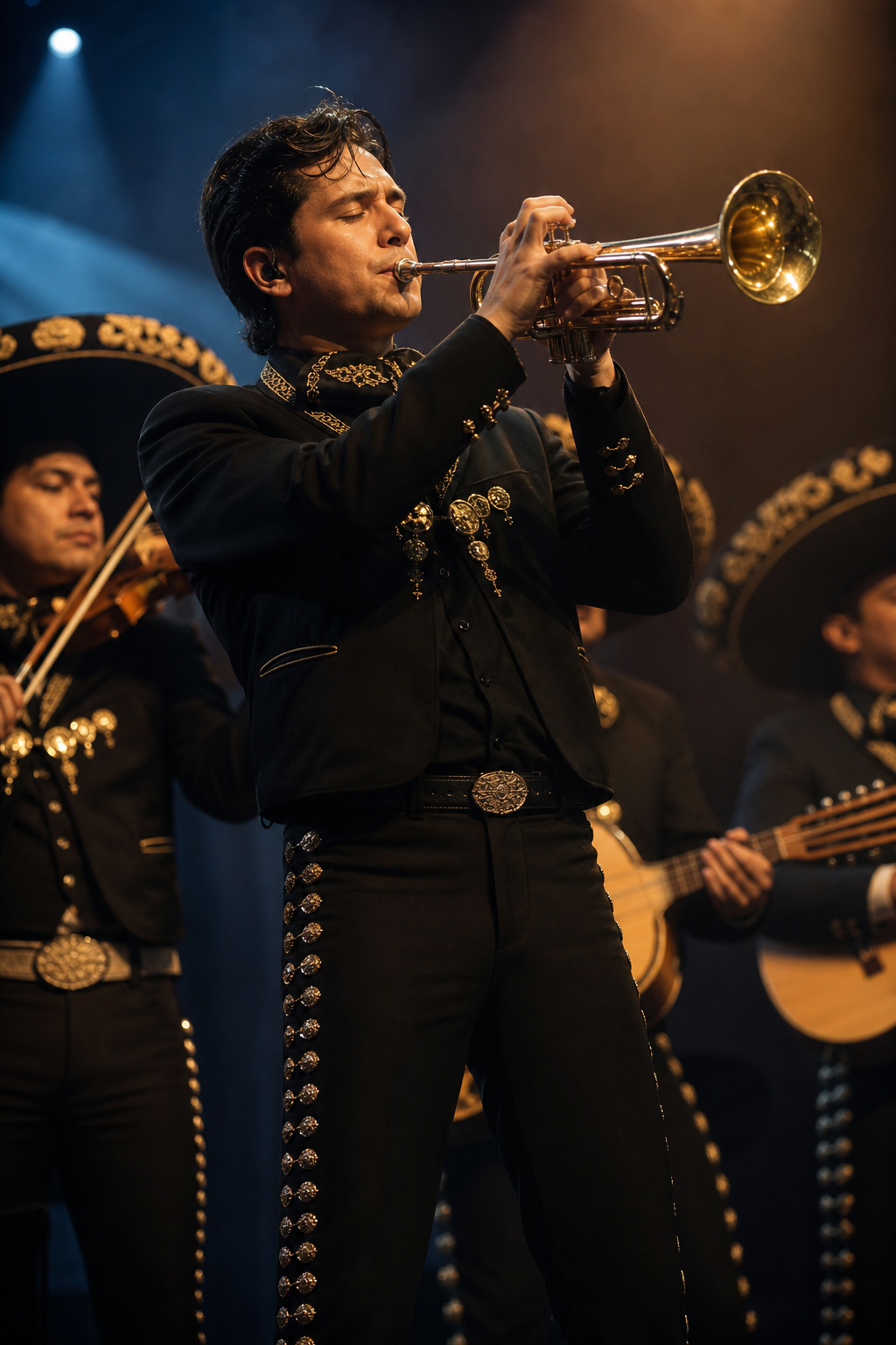 Ethan performing trumpet with a mariachi ensemble in black charro-inspired attire and gold details