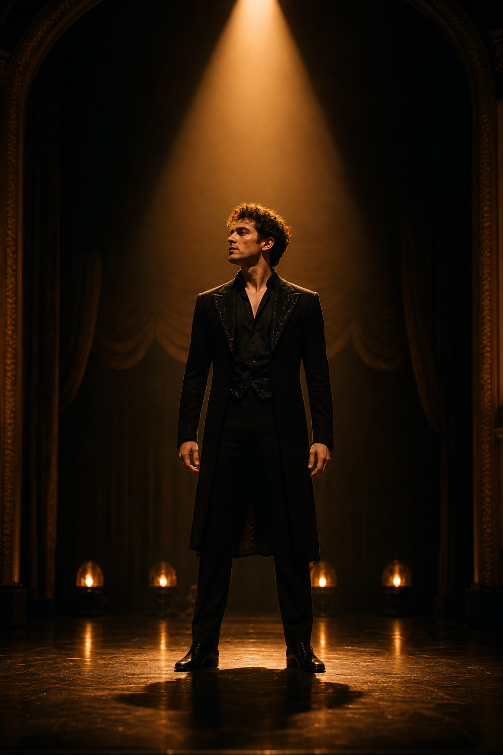 Ethan in a formal black stage costume standing center stage under a warm amber proscenium spotlight