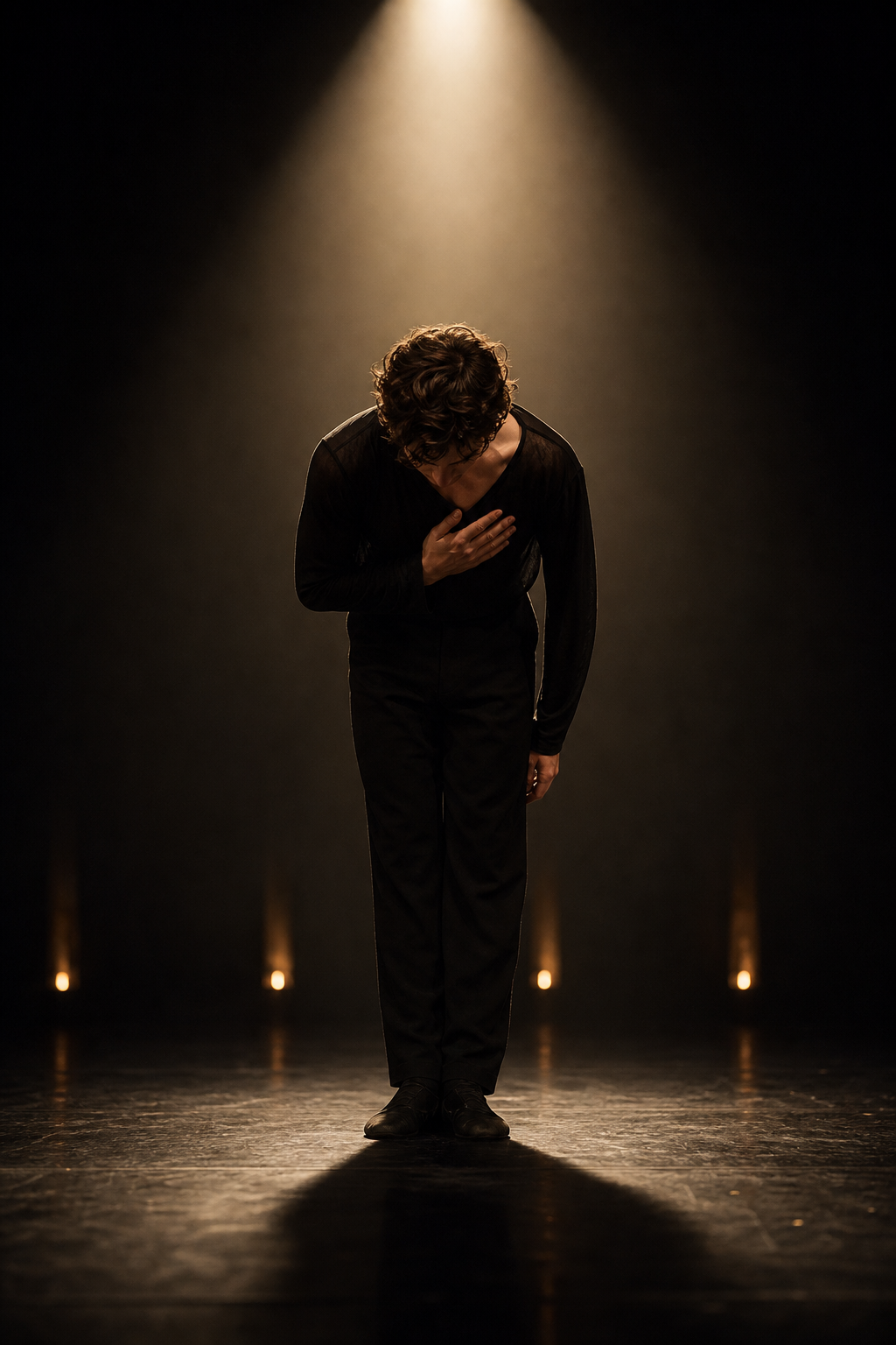 Intimate closing image of Ethan taking a quiet bow on a dim stage with a single overhead spotlight