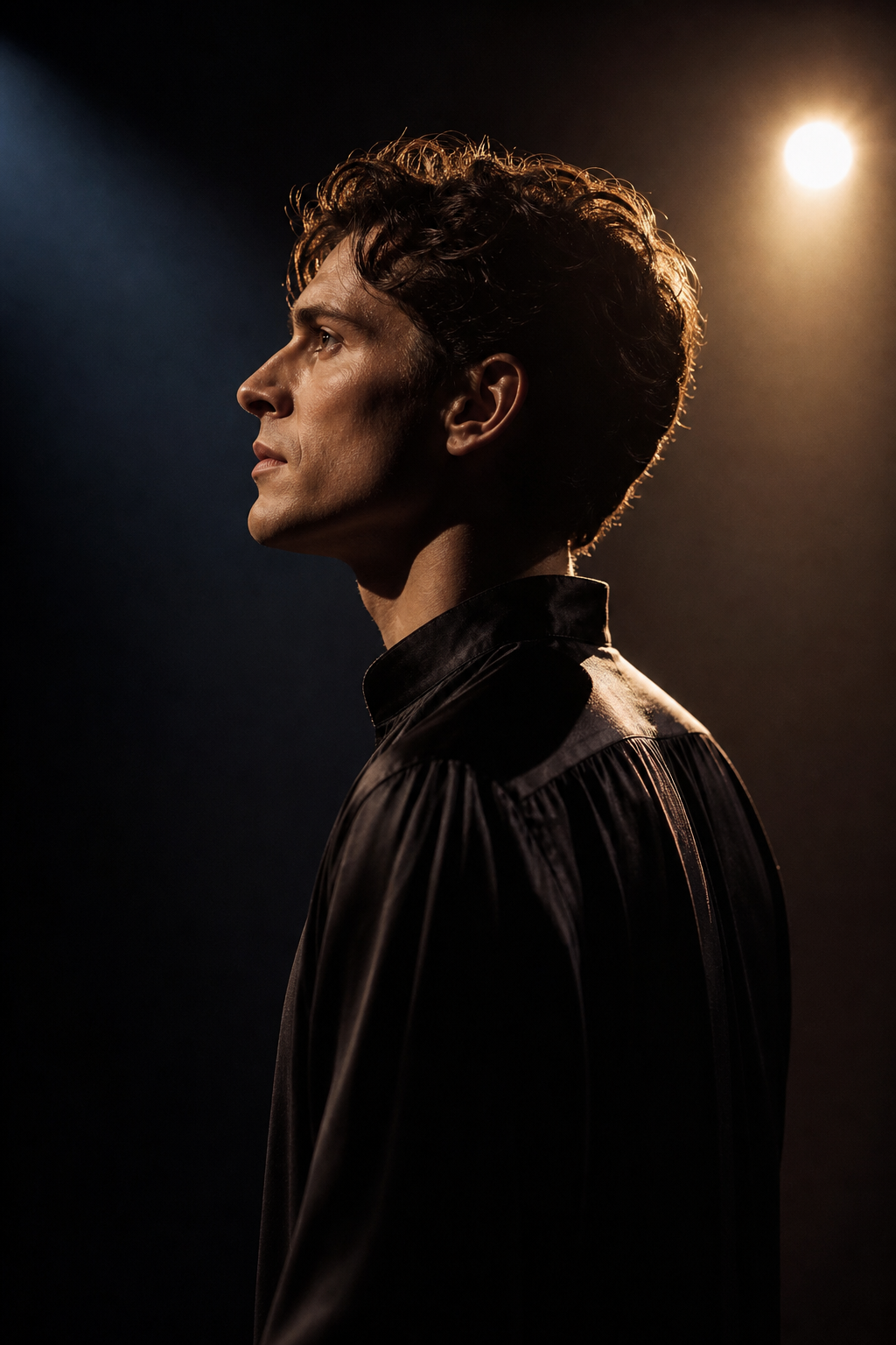 Side profile portrait of Ethan with dramatic rim light and dark theatre background
