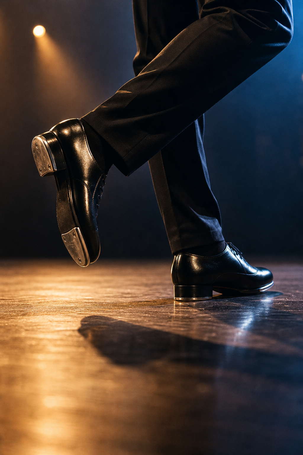 Close-up action frame of polished black tap shoes and Ethan's lower silhouette on a lit stage floor