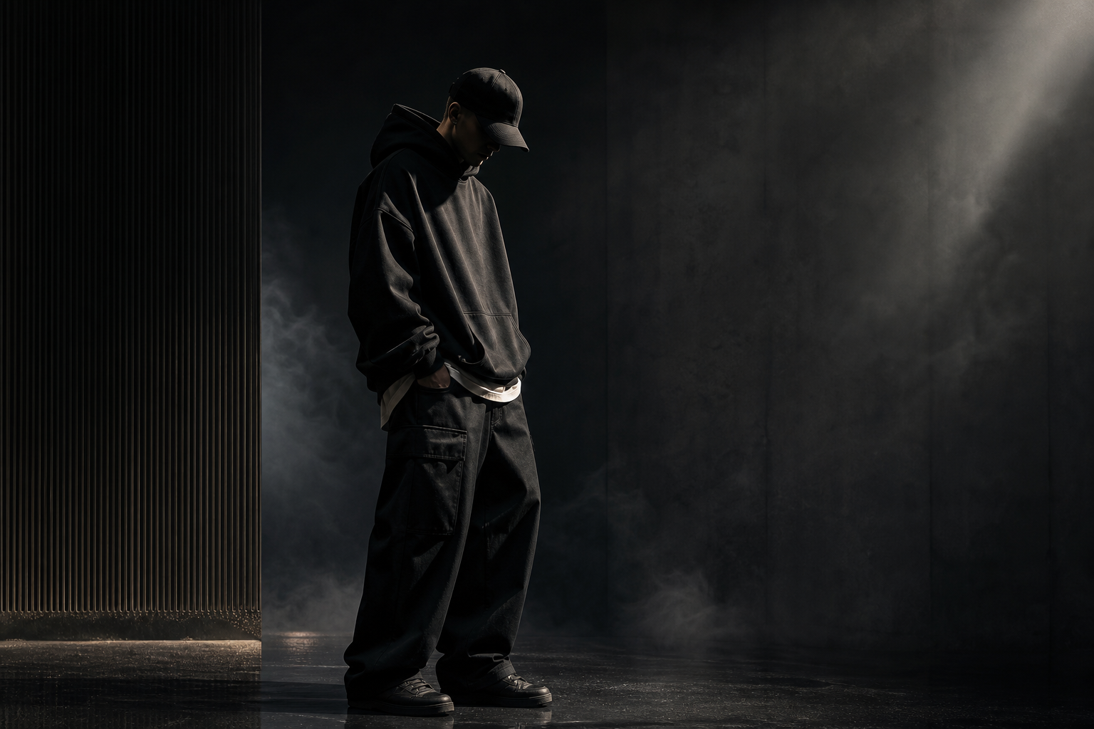 Moody editorial fashion campaign visual with a shadowed streetwear figure in a dark studio, soft cinematic haze, and luxury tonal contrast