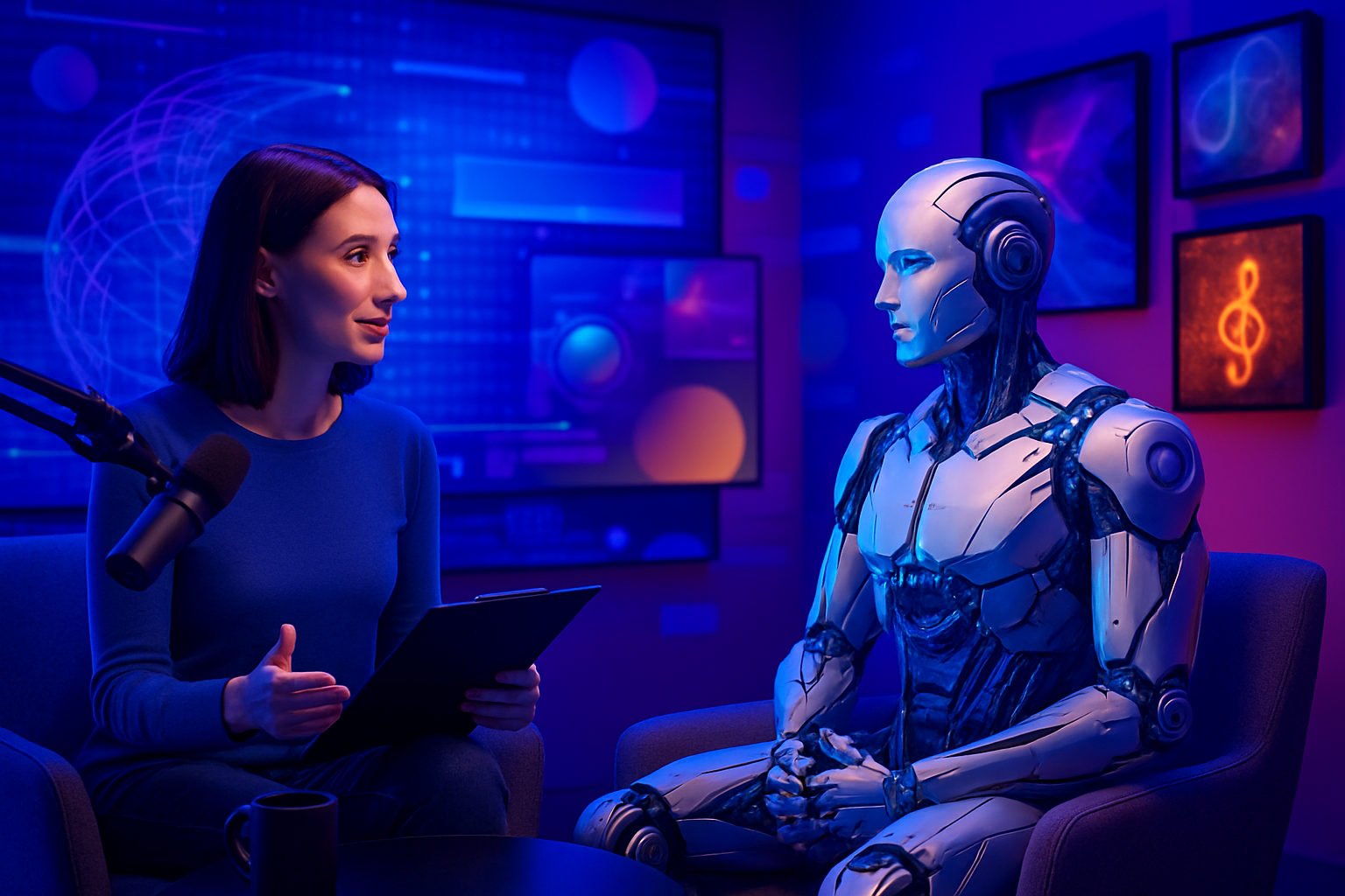Intervista digitale con artista AI in uno studio moderno illuminato di blu e viola