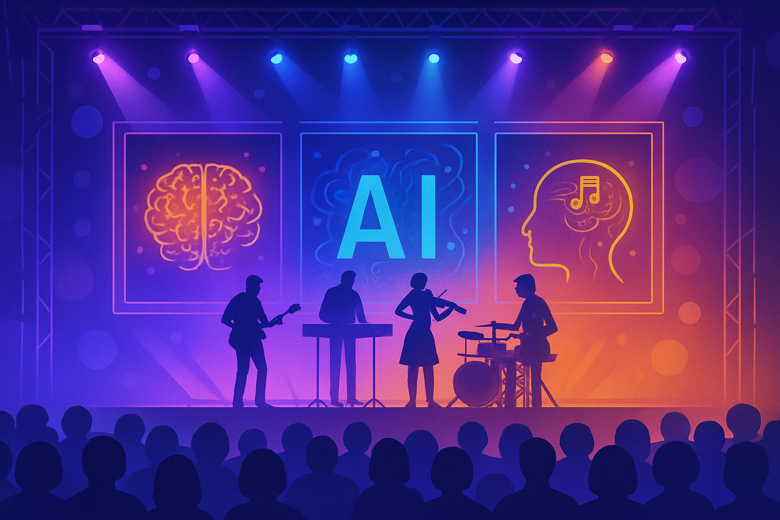 Concerto virtuale con palco digitale colorato e proiezioni AI