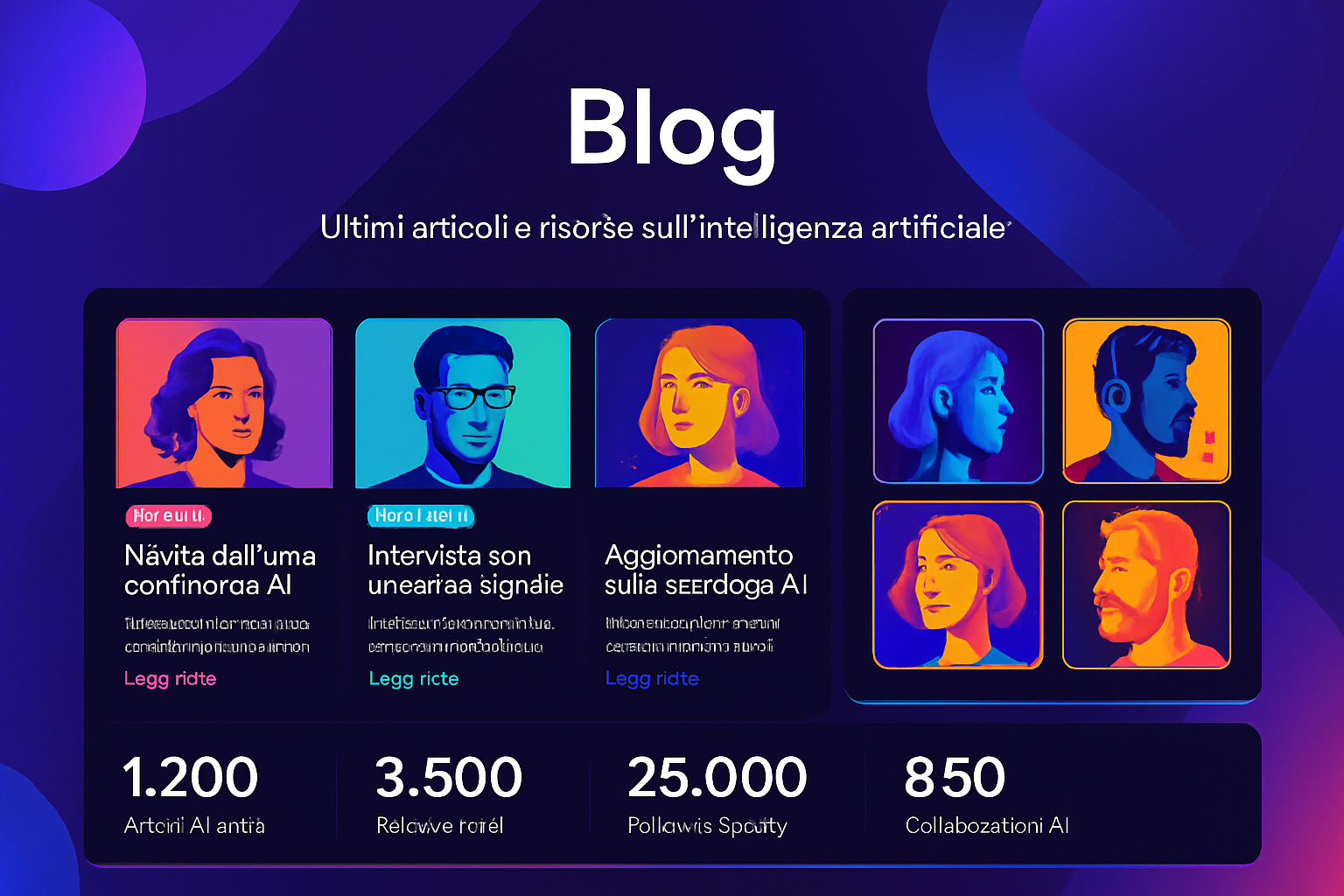 Annuncio digitale colorato con avatar AI e sfondo geometrico viola e blu