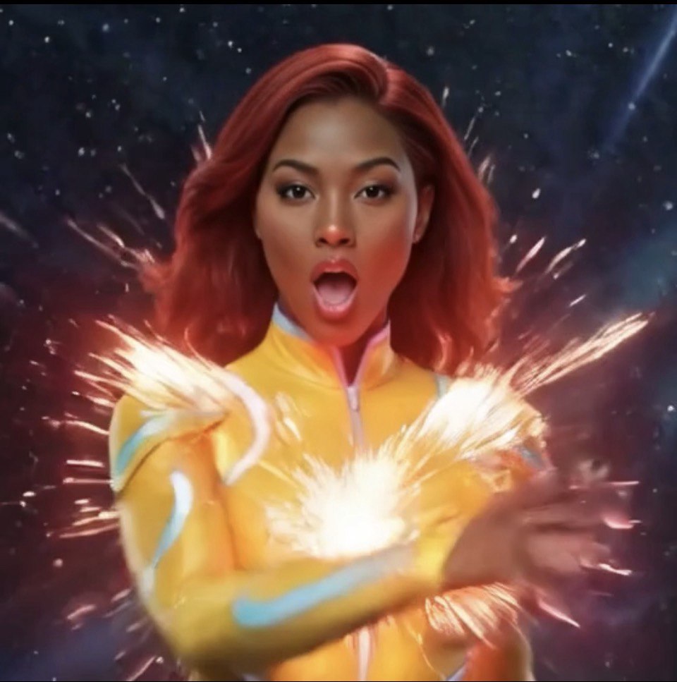 Avatar AI artista ELA, stile digitale viola e arancio brillante