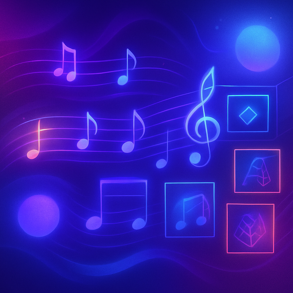 Visual digitale viola e blu con note musicali astratte