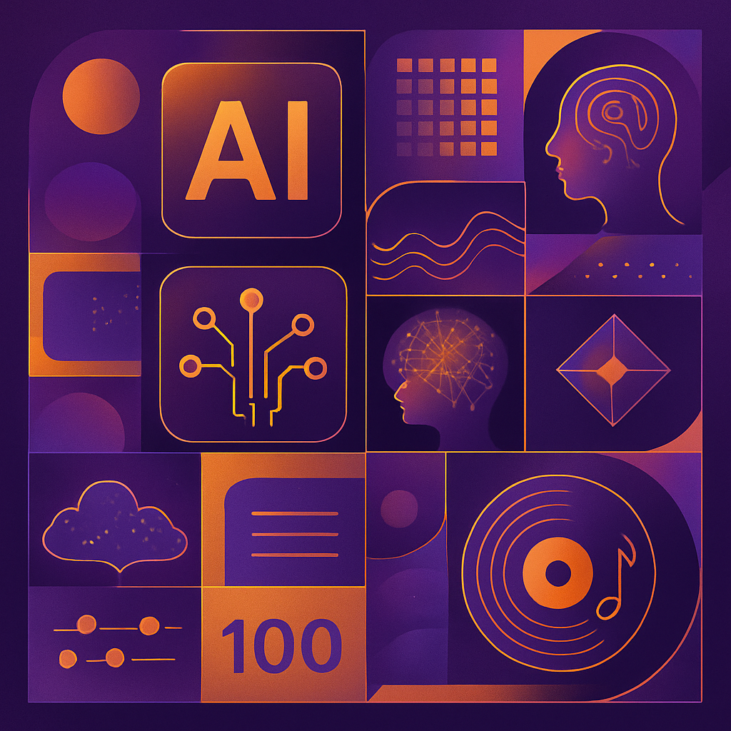 Pattern geometrico digitale ambra e viola con elementi AI