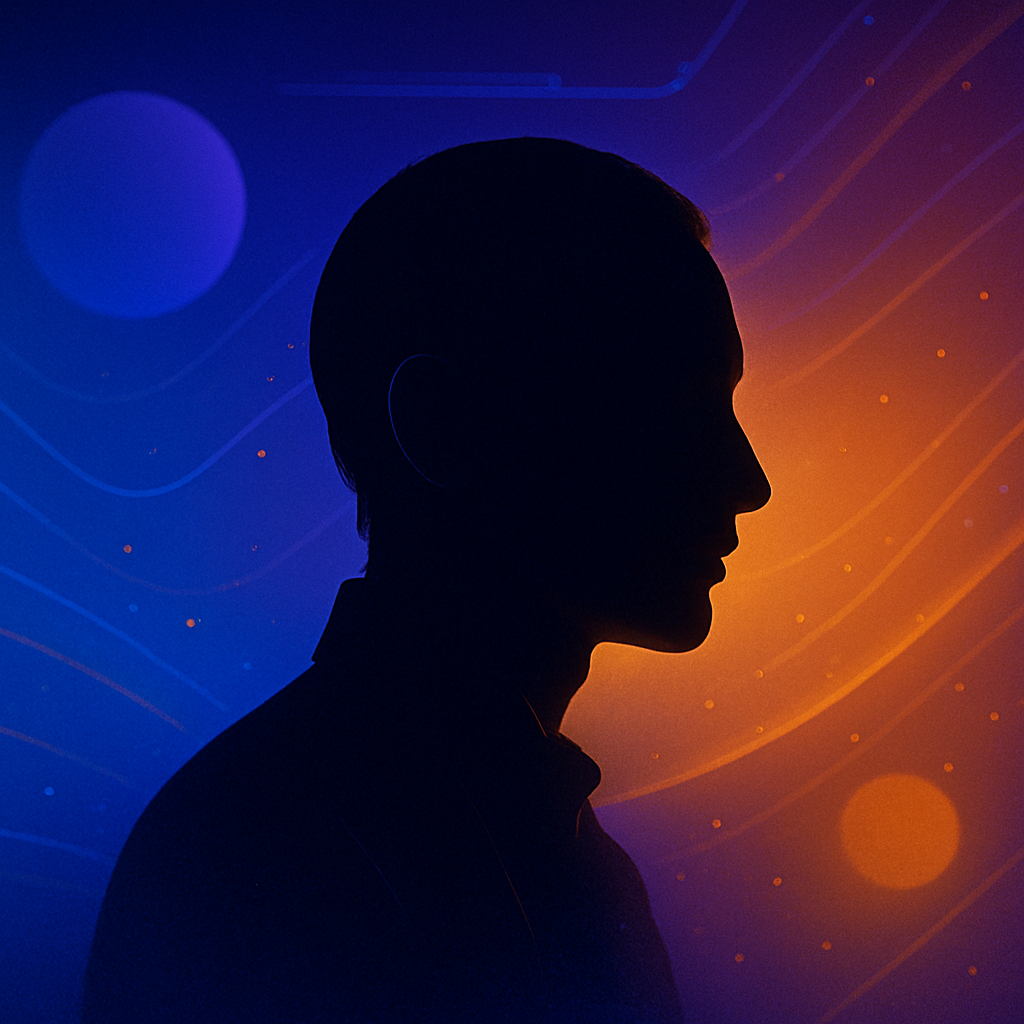 Sfondo digitale blu e ambra con silhouette di artista AI