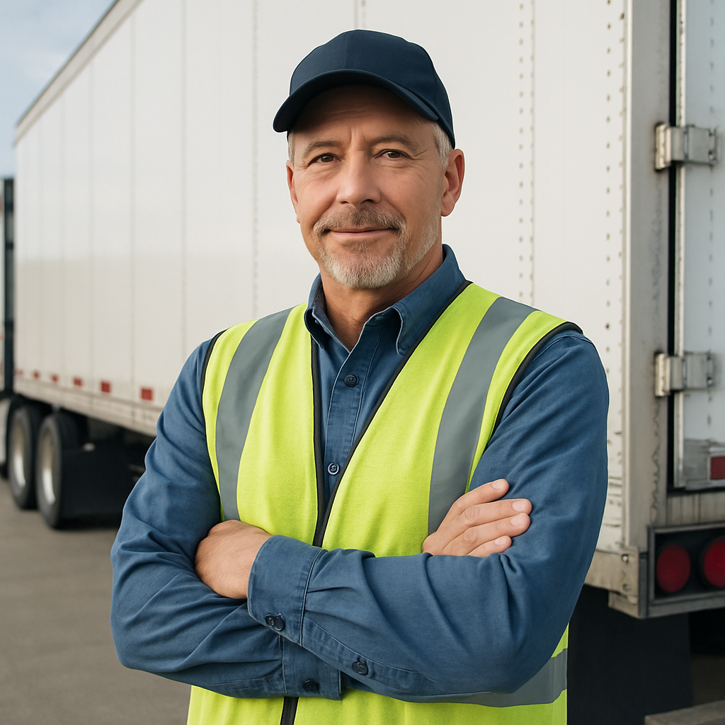 Professional truck driver in safety vest beside a trailer