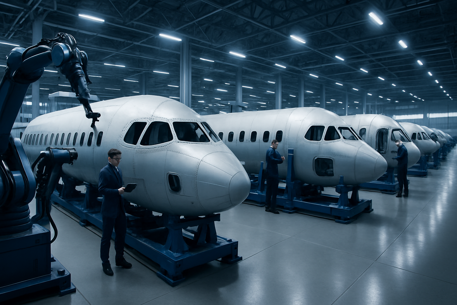 Wide view of an advanced aerospace assembly line with aircraft fuselage sections, robotic arms, and technicians in a clean manufacturing hall