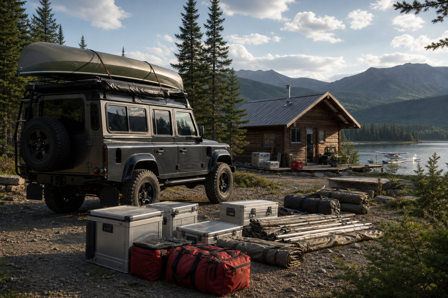 Photorealistic expedition arrival scene with a premium off-road vehicle at a conifer-lined Canadian lake, roof rack canoe loading, aluminum storage modules, canvas camp pieces, and Red Canoe luggage near a remote wooden cabin