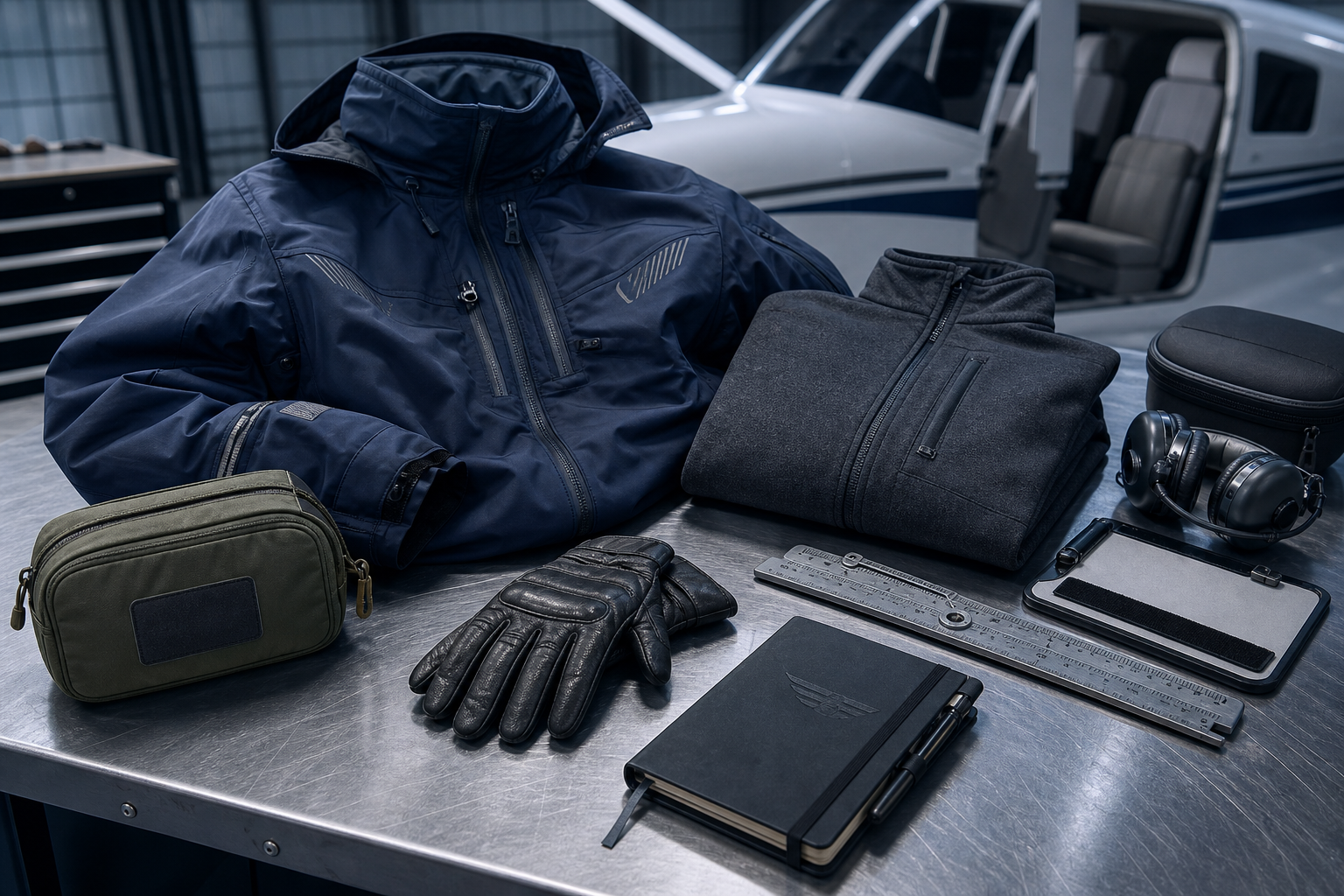 Premium pilot gear arranged on a hangar bench with outerwear, cockpit tools, and expedition layers