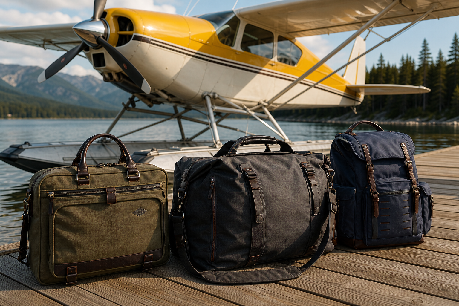 Photorealistic premium aviation luggage set beside a bush aircraft on a wooden dock at golden hour