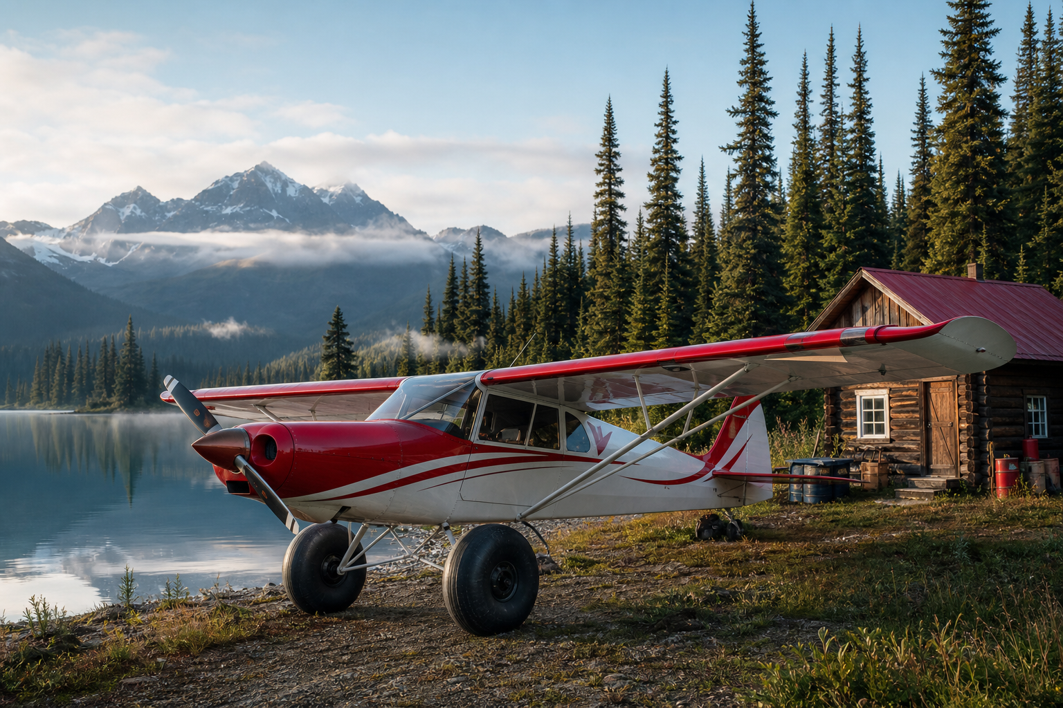 Photorealistic red-and-white bush plane near a pine-lined remote lake and wooden outpost cabin in the Canadian wilderness