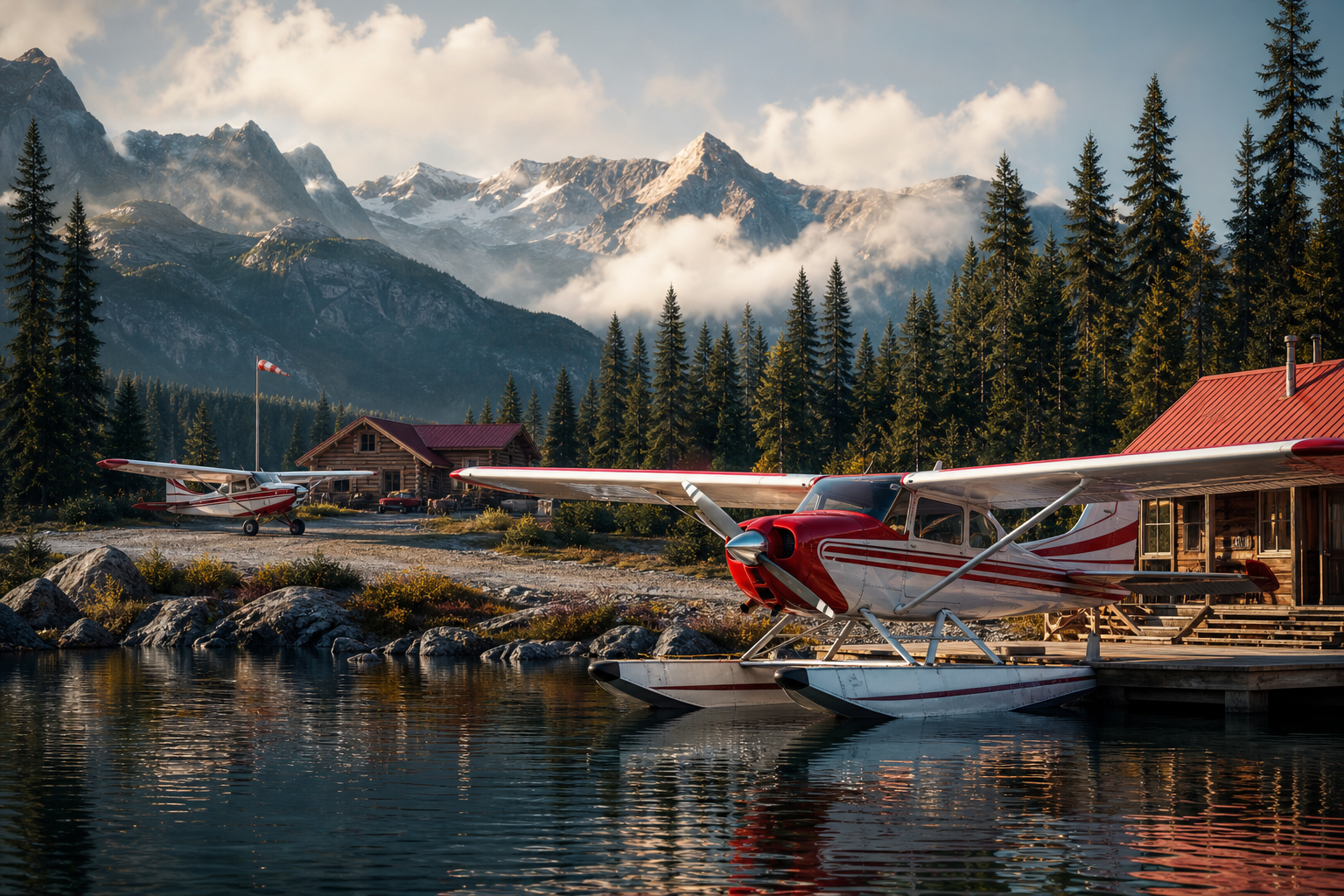 Photorealistic premium red-and-white Canadian bush aircraft in wilderness conditions, with a floatplane on a remote lake in the foreground and a wheel-equipped backcountry aircraft near a rustic airstrip and cabin among mountain forests