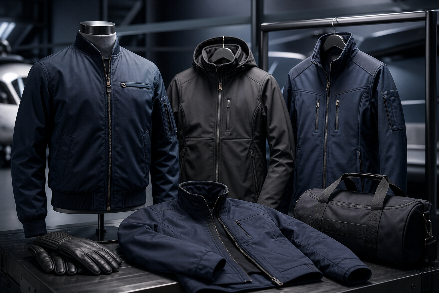 APPAREL category background showing technical flight jackets and premium utility fabrics in a clean studio composition