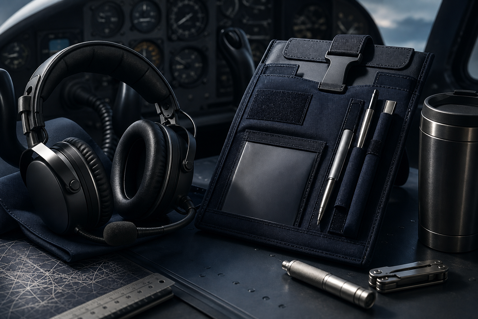 AVIATION GEAR category background showing cockpit accessories, headsets, and precision flight utility items