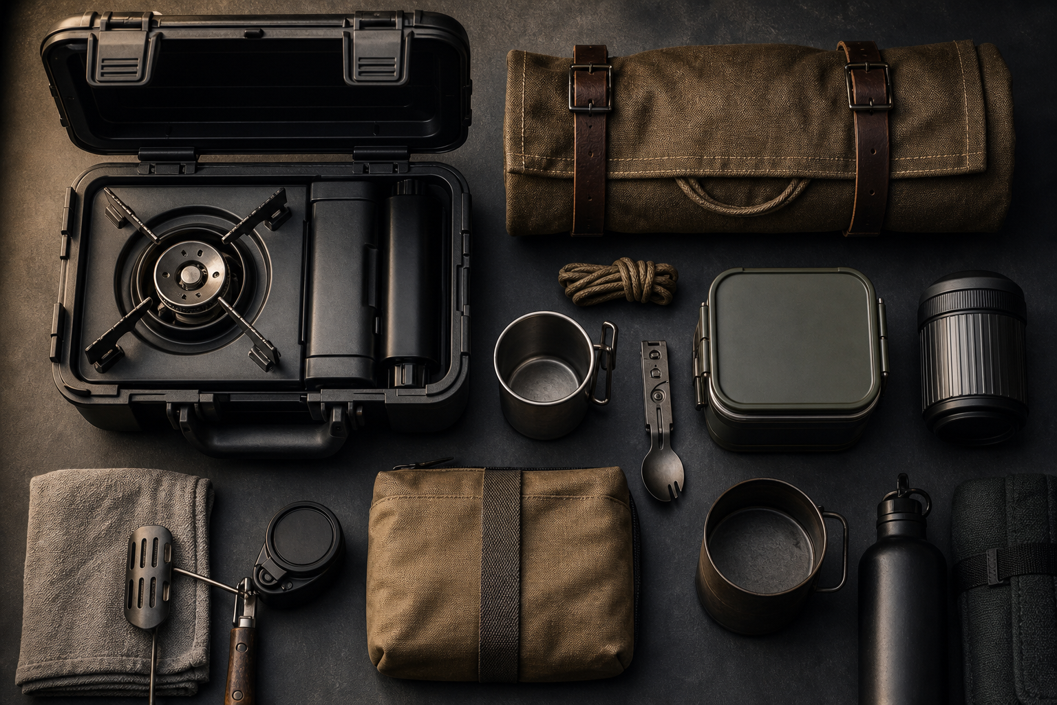 CAMP category background with modular camp tools, portable cooking setup, and durable canvas textures