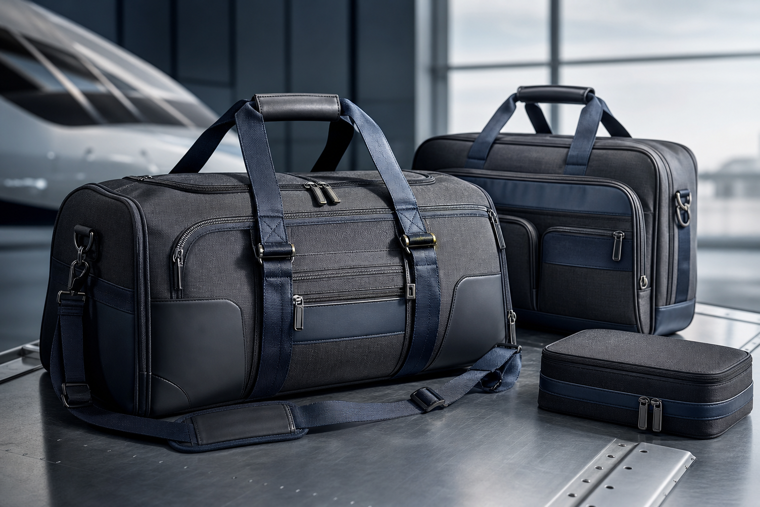LUGGAGE category background with structured aviation travel bags and reinforced handles on a premium metallic surface