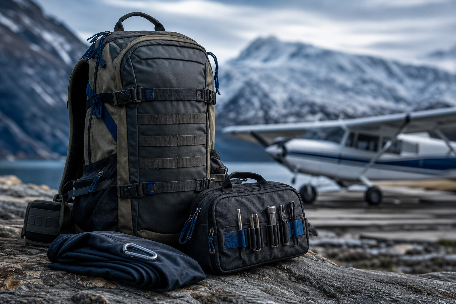 OUTDOOR GEAR category background featuring rugged field packs, utility straps, and alpine-ready materials