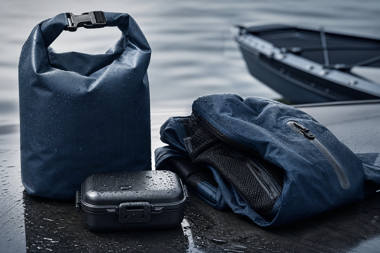 WATER category background with marine utility accessories, quick-dry textiles, and weatherproof detailing