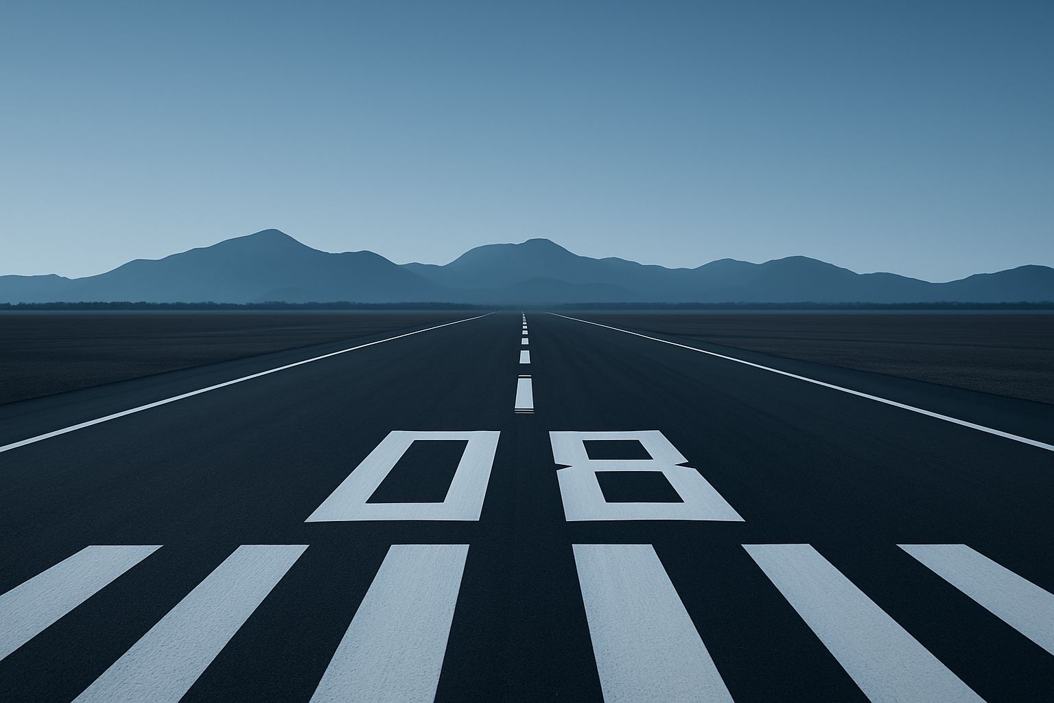 Minimalist runway scene with crisp white markings and distant mountains under a clear sky
