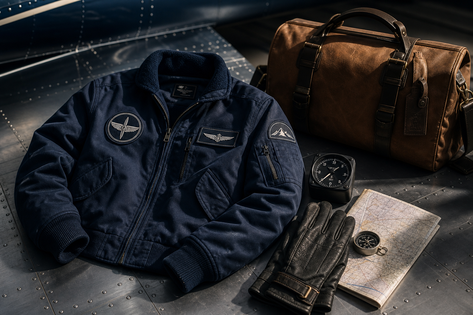Cinematic editorial scene of expedition-inspired aviation apparel arranged on a riveted aircraft hangar floor with a leather flight jacket, field bag, gloves, and map tools under dramatic directional light